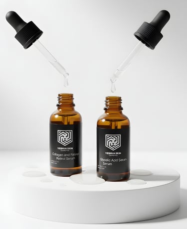 Yeshua Skin collagen retinol and glycolic acid serum bottles with glass droppers on a white pedestal.