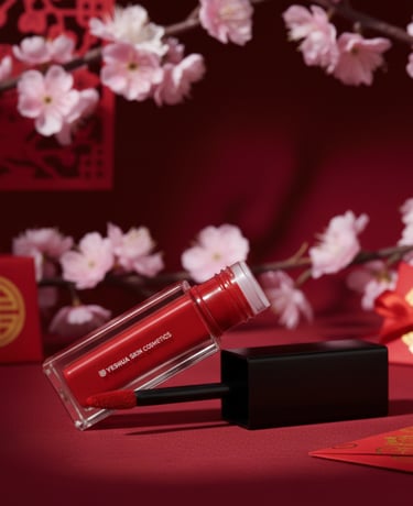 Red Yeshua Skin Cosmetics liquid lipstick with applicator, set against pink cherry blossoms for Lunar New Year.