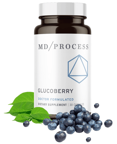 MD Process GlucoBerry dietary supplement bottle with fresh blueberries and green leaves.