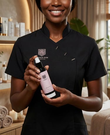 Esthetician in black uniform holding a YESHUA Skin Balance facial skincare bottle in a luxury spa.