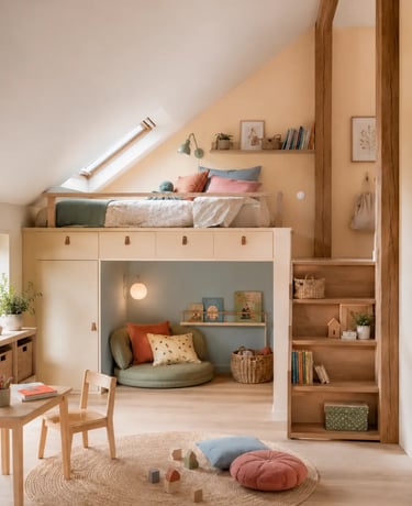 Chambre d'enfant en hauteur, coin lecture et jeux en dessous, ambiance douce et colorée, bleu gris, pêche doux, bois clair