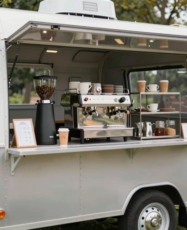 A rustic coffee trailer surrounded by pine trees with soft glowing lanterns and a campfire nearby.