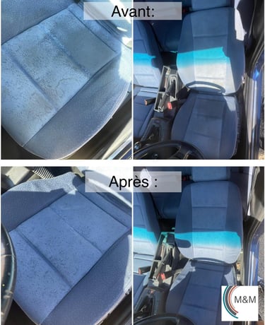 Avant/après du shampouinage des sièges de voiture par M & M Services Pro à Nantes