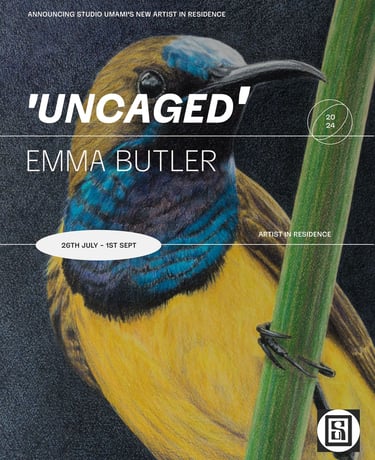 An ad for the 'Uncaged' residency. A drawing of a bird perched on a branch of a plant is in the back