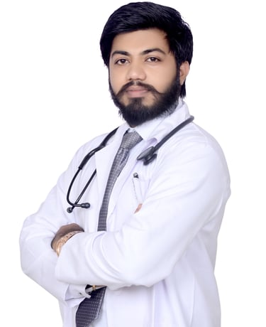Professional male doctor with a beard wearing a white lab coat and stethoscope against a white background.