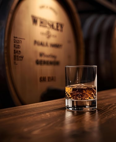 a glass of whiskey on a wooden table