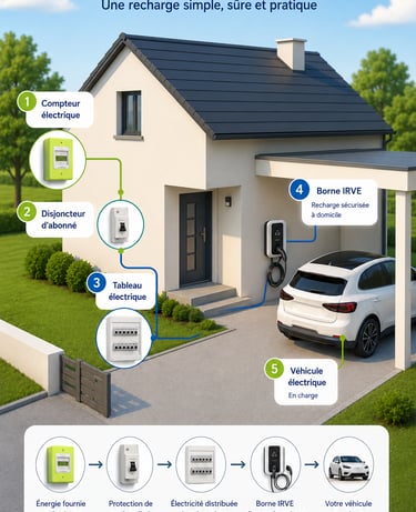 Schéma d'installation d'une borne IRVE à domicile pour recharger un véhicule électrique en toute sécurité