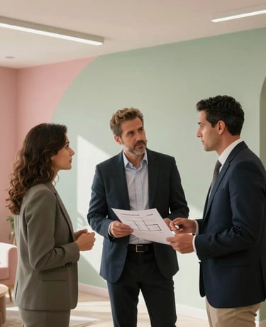 Interior photograph of two executive wellness consultants discussing architectural plans for corporate lactation spaces in a modern office in Hispanic / Corporate Latin America & Spain. Warm daylight, soft pink and light green decorative details, upscale and professional environment.