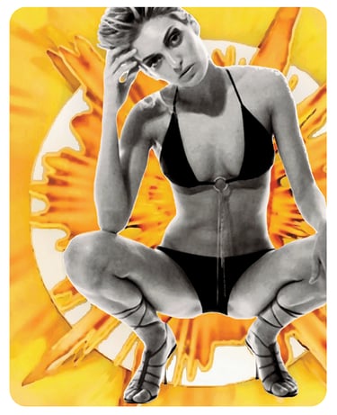 Pop art of 90's model in black bikini and high heeled gladiator sandals with starburst in background