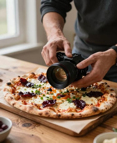 A professional, close-up photograph of a digital content creator carefully photographing a beautifully styled, artisanal flatbread pizza on a rustic wooden table. The scene is bright with soft natural light coming from a nearby window. Subtle elements of warm parchment and deep ripe crimson details, fitting for North American and Northern European culinary markets.