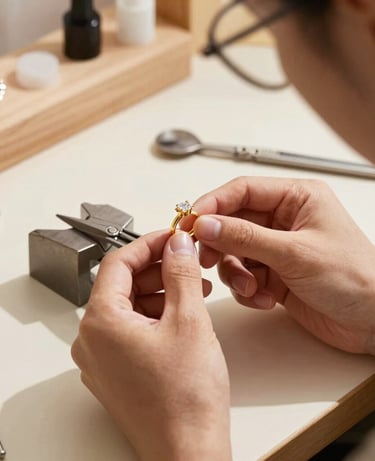 An artistic close-up photograph of a professional jeweler's hands meticulously designing a gold gemstone ring in a sunlit atelier. Elegant and clean workspace with tools, sparkling diamonds, and warm beige tones. Modern luxury atmosphere, East Asian / Chinese workspace.