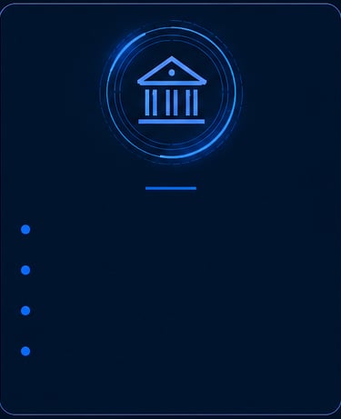 Digital banking icon with a blue bank building graphic on a dark futuristic background.