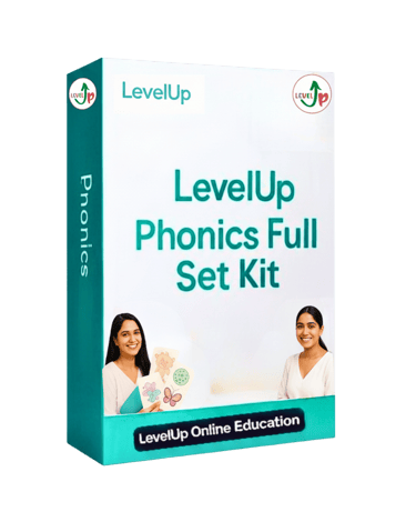 Teacher presenting the LevelUp Online Education phonics kit to boost early reading skills.