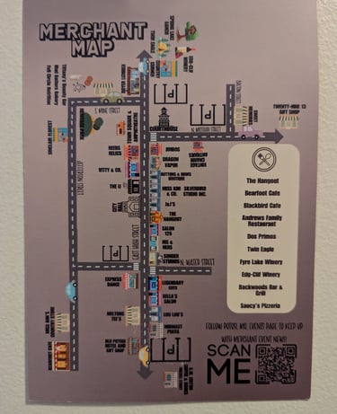Map, merchants, downtown Potosi, Missouri, Miss Kim's