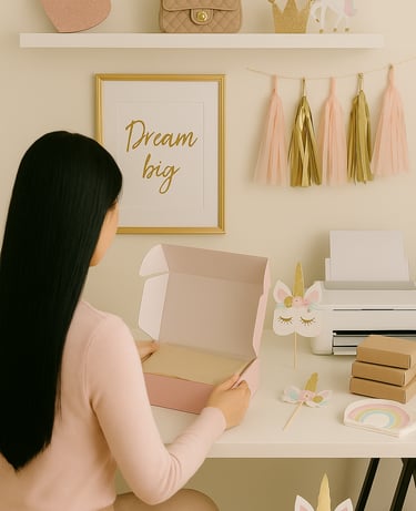 a woman sitting at a table packing a gift box