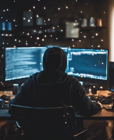 a person sitting at a desk with a computer monitor and a laptop