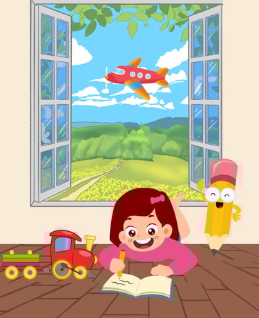 a girl is writing a book in a room with a window and a toy car