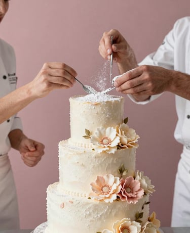 A close-up shot of two professional bakers, hands gently dusting powdered sugar onto an intricate, multi-tiered wedding cake decorated with realistic sugar flowers. Muted dusty pink background, soft natural lighting, elegant Western European kitchen setting, high-end patisserie aesthetic.