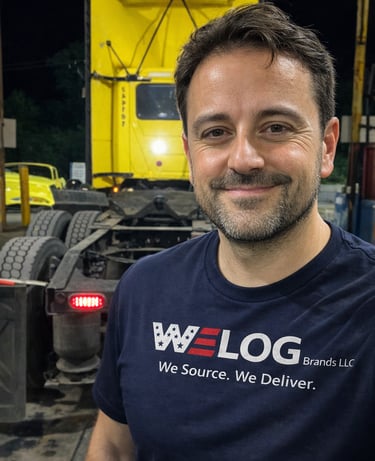 equipment sourcing and logistics professional in front of semi truck wearing WELOG Brands shirt with