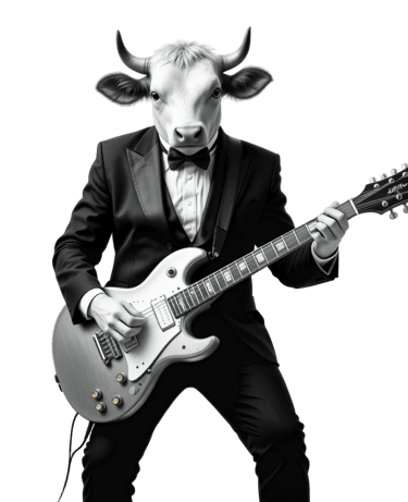 Ko i kostym spelar elgitarr som symbol för kreativitet