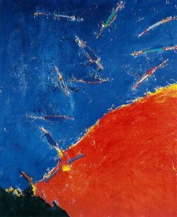 une peinture d'un ciel rouge et bleu