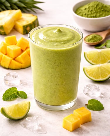 A glass of healthy green matcha smoothie with pineapple, mango, and lime garnish.