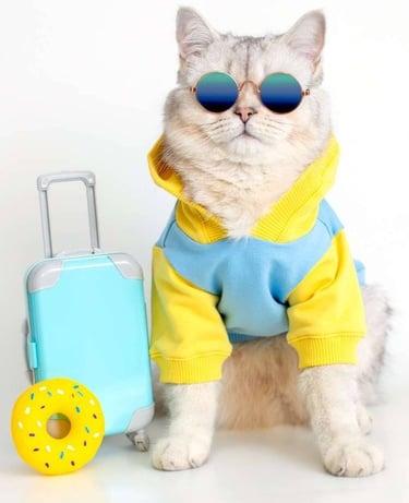 Un gato esponjoso con gafas y una sudadera con capucha, junto a una maleta de juguete y una dona