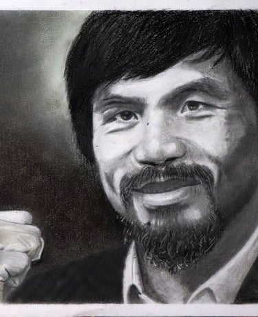 Retrato de Manny Pacquiao a mano, elaborado con carboncillo, gises y pastel en papel fabriano