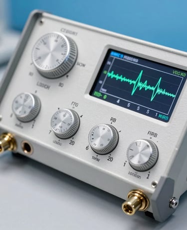 Close-up of high-quality electronics test equipment, showing clean technical dials, precise digital screens displaying crisp waveforms, and metallic connectors. The background is a clean workspace in slate gray and bright blue hues. Sharp focus, professional macro photography representing high engineering standards.