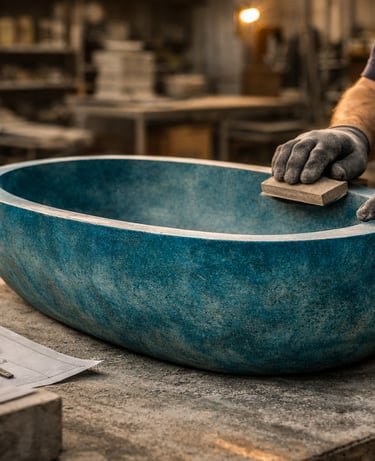Cuba de concreto autoral em tom azul sendo lixada manualmente durante processo artesanal.