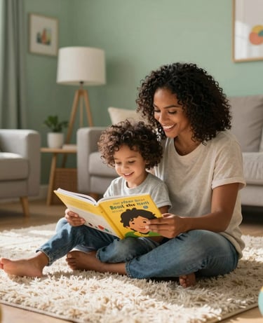 A joyful photography scene set in a modern North American / Global Multicultural home playroom. A parent and young child sit together on a plush beige rug, reading a brightly illustrated storybook about healthy hair care. The room features soft sage green walls, warm sunlight, and cheerful decor elements.