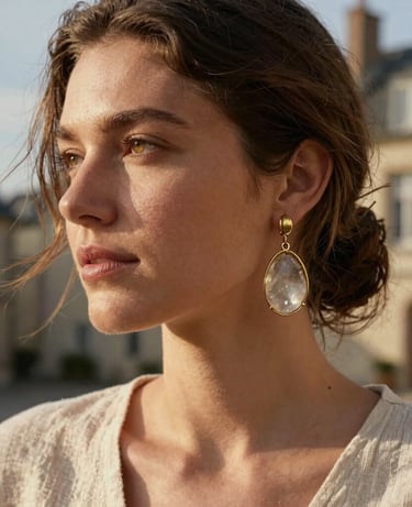 A close-up portrait of a woman in Brittany, France, wearing delicate handcrafted bobo-chic brass earrings with raw quartz. Warm late afternoon sun, natural textures of linen and soft wind, outdoor setting with a blurred background of a Rennes courtyard, organic and gentle style, photography.
