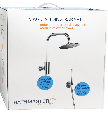 Bathmaster Magic Sliding Bar Set packaging featuring a dual rain shower head and handheld wand system.