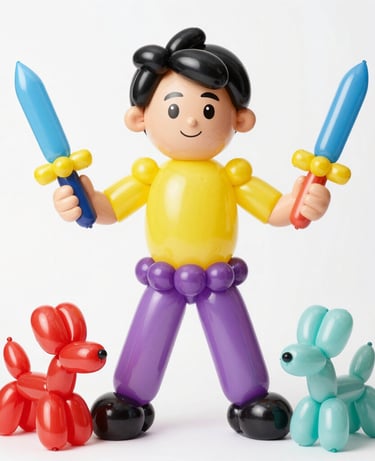 Carl John The Magician animal boy holding blue swords with two red and teal balloon dogs.