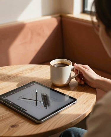 A warm, atmospheric photo of a digital creator sitting in a cozy, sunlit corner booth of an artisanal café, with a ceramic mug of warm coffee and an iPad displaying artistic digital brushes. The palette features soft cream, terracotta, and warm wood tones, Global / Modern Urban Café Culture.