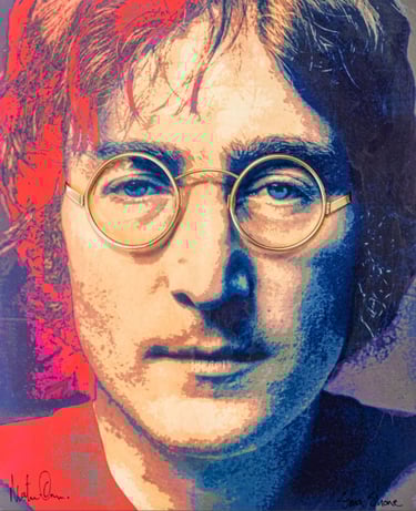 Pop art portrait of John Lennon with real 18-karat gold-plated glasses, created by Martin Osner and Simon Shone using colour