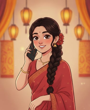 Beautiful South Asian woman in red saree and gold jewelry talking on smartphone; festive Indian fest
