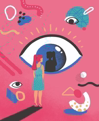 a woman standing in front of a pink background with a large eyeball, where she is reflected