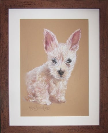 Soft pastel portrait of Ezra, an adorable three-month-old Westie puppy