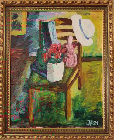 a still life painting of a chair with flowers, a book, a sculpture, ties and a hat on it