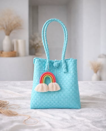 Handwoven sea blue plastic tote bag handmade from recycled materials by Indonesian artisans