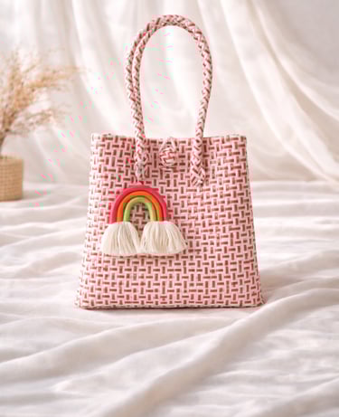 White red woven plastic tote bag handmade from recycled plastic by Craftvitas Indonesia