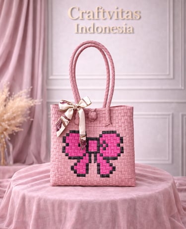 Handwoven pink plastic tote bag with butterfly character, handmade eco friendly bag from Indonesia