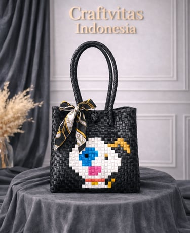 Handmade black plastic woven tote bag with cute dog character, eco friendly Indonesian craft