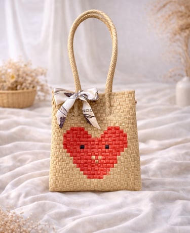 Handwoven brown plastic tote bag with heart character design, handmade eco friendly tote