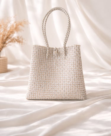 White gold woven plastic tote bag handmade using recycled plastic from Indonesia