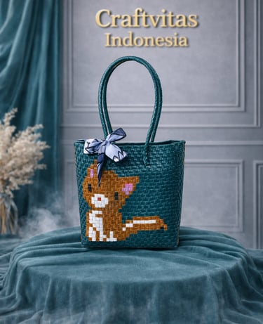 Dark green handwoven plastic tote bag with cute cat character, handmade eco friendly tote bag
