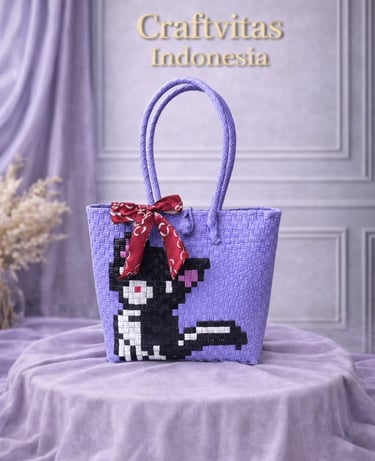 Purple handwoven plastic tote bag with cat character, handmade eco friendly women bag