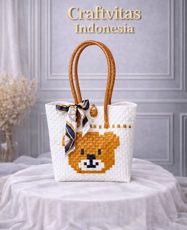 White and brown handwoven plastic tote bag with bear character, handmade eco friendly bag