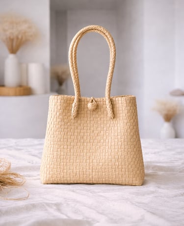 Handwoven cream plastic tote bag handmade from recycled materials by Indonesian artisans